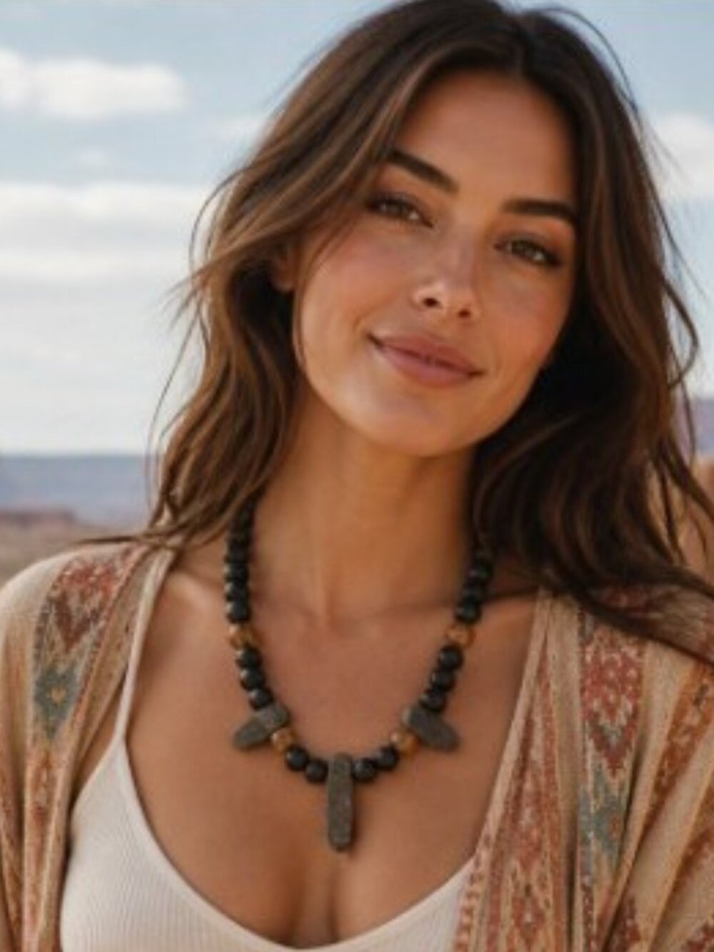 Handcrafted Artisan Amber, Lava & Pyrite Unisex Necklace